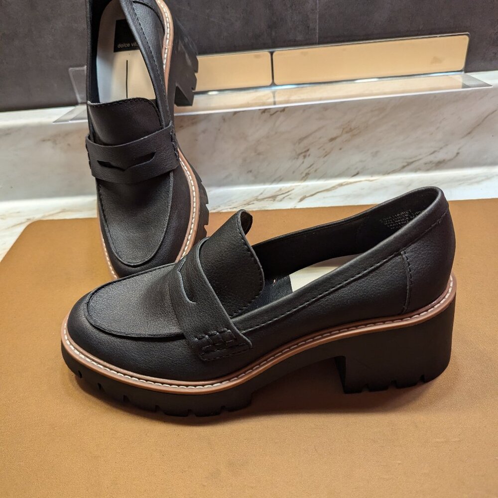 Dolce Vita Black Chunky Platform Loafers with Tan Trim